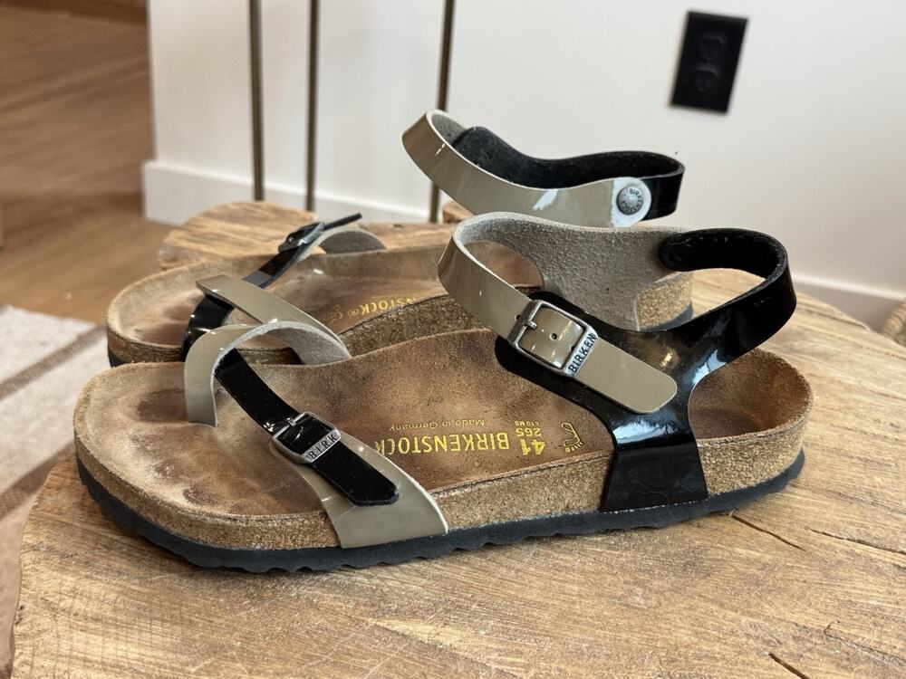 Birkenstock Yara Sandals Glossy Patent Leather 41 W 10 Taupe Black